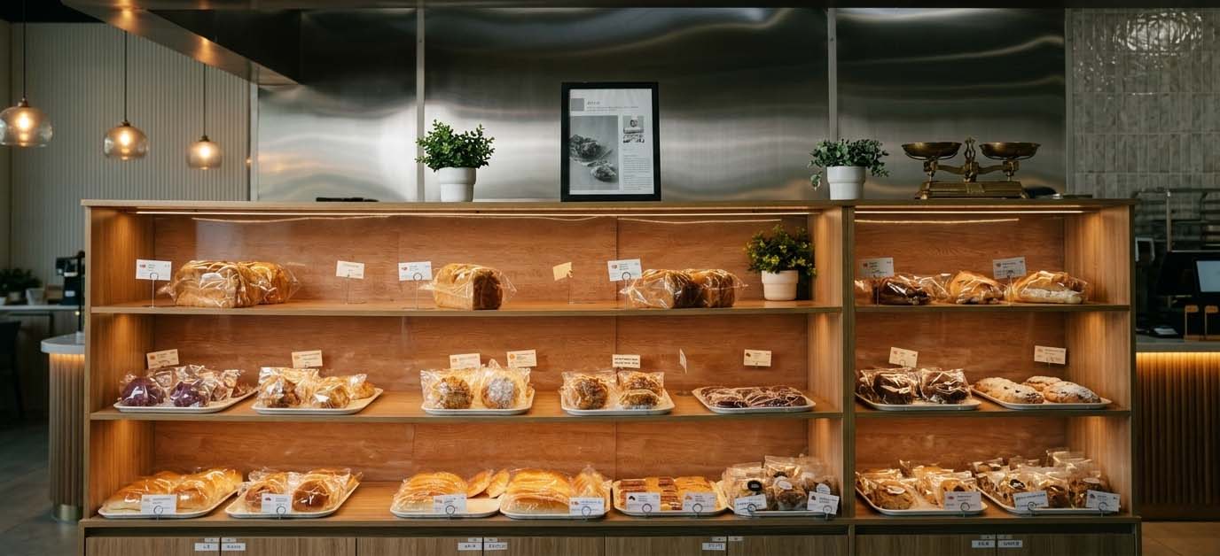 A warm bakery counter filled with breads and pastries
