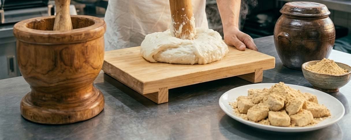 Traditional Korean rice cakes being prepared by hand
